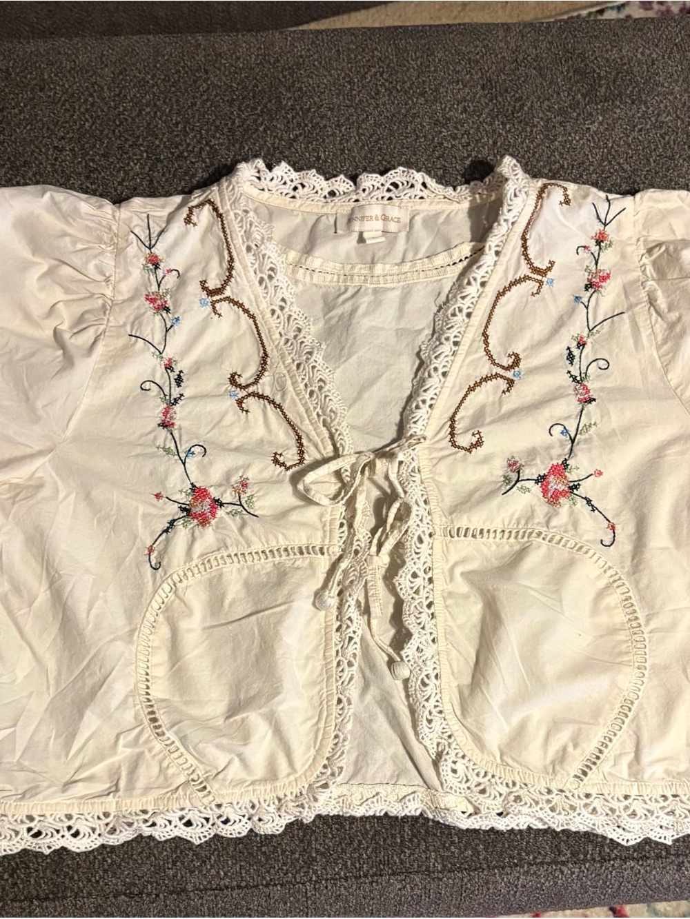 White Embroidered Lace-Trim Women’s Top